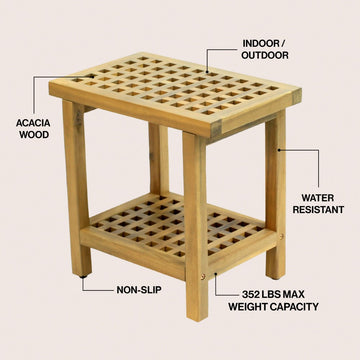 Armin 18.1" Modern Classic Grid Slat Solid Acacia Wood Indoor/Outdoor Shower Stool